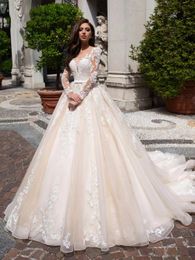 Designer A-Line Wedding Dresses Sheer Neck 3D Floral Appliqued Tiered Ruffles Bridal Gowns Sweep Train Bridal Gown Custom Made Plus Size Arabic wed dresses