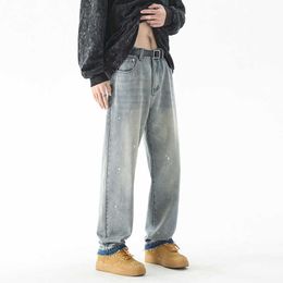 Men's Jeans New American Vintage Ink Splash Jeans Mens Straight Personality Pants Legs Raw Pants for Spring and Summer Z0225