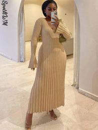 Casual Dresses Vneck Women Knitted Maxi Autumn Elegant Ribbed Long Sleeve Bodycon Ladies Fashion Streetwear 230227