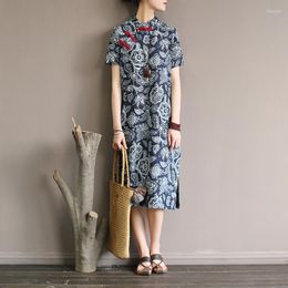 Ethnic Clothing Chinese Style Print Women Knee Length Dress Vintage Cotton And Linen Casual Summer Brand Qipao