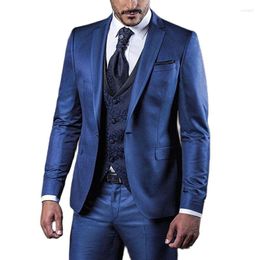 Men's Suits Blue Wedding Men Slim Fit With Floral Pattern Waistcoat 3 Piece Formal Groom Tuxedos Dinner Italian Fashion Jacket Pants