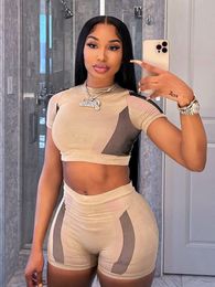 Womens Two Piece Pants Kliou Panelled Set Women Casual Oneck Bare Midriff Crop Tops High Waist Shorts Skinny Activewear Female Outfits 230227