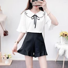 Women's Tracksuits 2023 Summer Women Shorts Suits Female Short Sleeve Bow Chiffon Shirt Tops And Wide Leg Ladies Two-piece Sets S142