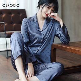 Womens Sleepwear QSROCIO Pyjamas Set Fashion Sweet Heart Print Silk Like Nightie Leisure Home Clothes Nightwear Pyjamas Femme 230227