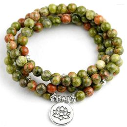 Strand 108 Mala Beads Bracelets Natural Stone Chinese Unakite OM Lotus Buddha Charm Men Women Yoga Jewelry