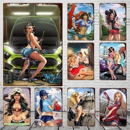 Vintage Sexy Beauty Poster Metal Painting Plaque Vintage Sexy Girl Tin Sign Retro Girls Metal Sign Decorative Plaque Home Wall Decor Man Cave Size 30X20CM w01