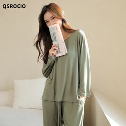Womens Sleepwear QSROCIO Pyjamas Set Simple Solid Colour Soft Viscose Modal Leisure Nightwear Casual 2pcs Homewear Nightie Femme 230227