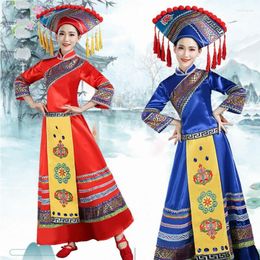 Stage Wear Guangxi Zhuang National Ethnic Minority Adult Dance Costume Women March 3 Hat Skirt Jacket Group Performance