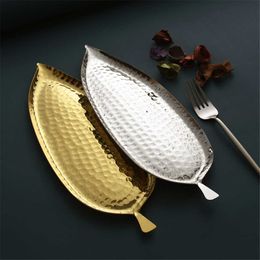 Decorative Plates 304 Stainless Steel Dish Banana Leaf Dessert Tray Afternoon Tea Metal Sushi Plate Jewelry Storage Multifunction Tableware Z0227