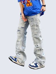 Men's Jeans Fashionable Men's High Street Hiphop Distressed Wornout Loose Wideleg Flared Jeans Skateboard Pants Streetwear Z0225
