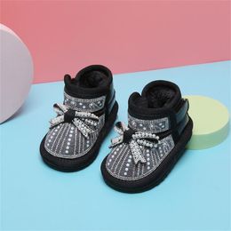 Boots Winter Baby Shoes Pearl Rhinestones Infant Toddler Soft Comfortable Rubber Non-Slip Warm Plush Snow BootsBoots