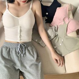 Camisoles & Tanks Women Knitted Tank Top Strap Vest Female Knitting Crop Chest Wrap Pure Cotton Underwear Cute Button Up V-Neck Camisole