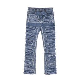 Men's Jeans Iins high street hiphop heavy industry destruction hole patch blue jeans Y2K trendy men's knife cut old trousers Z0225