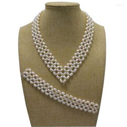 Choker 16 Inches Natural White 5-6mm High Lustre Rice Pearls Necklace And 7 Braided Bracelet Jewerly Set