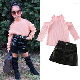 Clothing Sets 1-5Years Girls Outfits Toddler Long Sleeve Pink Turtleneck Sweater Tops Pu Mini Skirt Spring Fall Suits