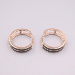 Hoop Earrings Pure 18K Rose Gold 14x4mm Double Black Line Pattern Round