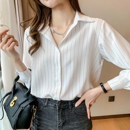 Women's Blouses Shirts Fashion Woman Chiffon Long Sleeve Shirt Tops White Blouse Striped Top Pretty and 230227
