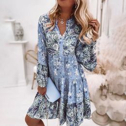 Casual Dresses Spring Ruffle Women Party Loose V Neck Beach Pullover Elegant Retro Floral Print Flare Sleeve Mini 230227