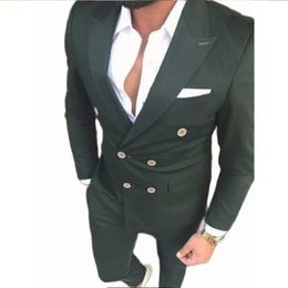 Men's Suits & Blazers Dark Green Double Breasted Men Slim Fit 2 Pieces Wedding Groom Tuxedos Prom Blazer Male Fashion Jacket With PantsMen's