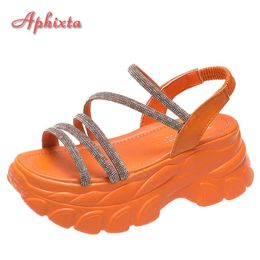 Sandals Aphixta 2022 65cm Orange Crystals Sandals Women Platform Adjustable Wedge High Heels Elastic Band Wedges Heel Summer Sandal Z0224