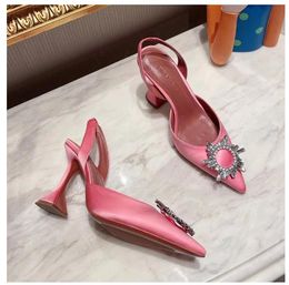 2023Amina muaddi Dress Shoes sandals Satin pointed slingbacks Bowtie pumps Crystal-sunflower high heeled shoe10cm Women's Luxury Designer Party Wedding Shoes