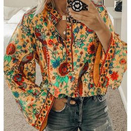 Women's Blouses 2023 Fashion Printing Bohemian Loose Blouse Sweet Stand Collar Clothing Casual Top Elegant Button Flare Long Sleeve 24797