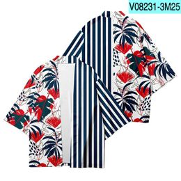 Ethnic Clothing Kimono Women Japanese Traditional Female Cardigan Harajuku Streetwear Striped Leaves Print Costume