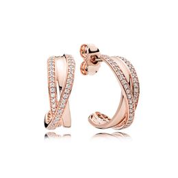 Rose Gold Sparkling Line Hook Stud Earring for Pandora Real Sterling Silver Wedding designer Jewellery For Women Girlfriend Gift CZ Diamond Earrings with Original Box