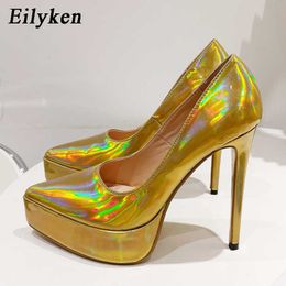 Dress Shoes Eilyken Golden Platform Pointed Toe Women Pumps Sexy Steel Tube Dance Sandals Summer High Heels Gladiator Female ShoesL230227