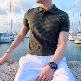 Men's Polos Men's Summer Striped Knitted Polo Shirts Breathable Ice Silk T-shirt Half Button Comfy Solid Tees for Vacation 230227