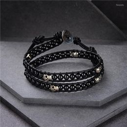 Charm Bracelets Genuine Leather Bracelet Bangle Skull Cuff Rope For Women Natural Tiger Eyes Agat Braided 2 Layers Stone Jewelry B452