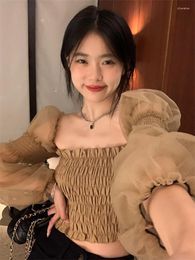 Women's Blouses Korobov Y2k Spring Vintage Gauze Long-sleeved Shirts Bubble Sleeves Waist Crop Tops Korean Fashion Blusas Para Mujer
