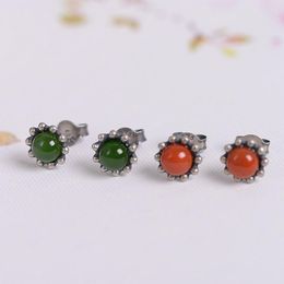 Stud Earrings FNJ Red Agate Jasper 925 Silver Original Pure S925 Sterling Earring Women Jewelry