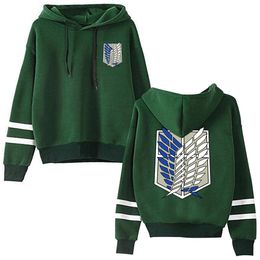 Mens Hoodies Sweatshirts Attack on Titan Long Sleeved Striped Hooded Sweatshirt Pullover Tops Harajuku 230225