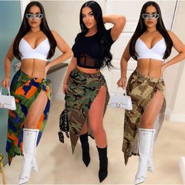 Skirts Echoine Green Camo Print Denim Skirt Hight Waist Sexy Split Button Tassel Fashion Long Street Clubwear Summer 2023