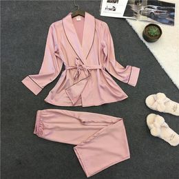 Women's Sleepwear Pink Satin 2PCS Women Robe&Pants Long Sleeve Sleep Set Female Loose Pyjamas Suit Casual Nightwear Home Clothes