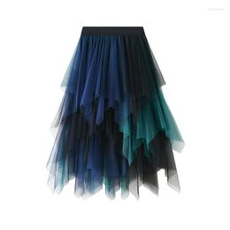 Skirts 70cm High Waist Women Skirt Color Patchwork Voile Dance Tutu Irregular Half Length Tulle Lolita Petticoat