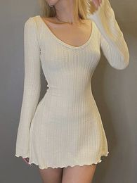 Casual Dresses Solid U Neck Backless Sexy Mini Y2K ALine Flared Long Sleeves Knitted Women Basic Autumn Winter Streetwear Chic 230227