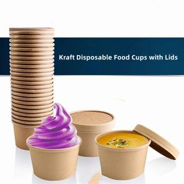 Disposable Soup Kraft Paper Containers with Lids Take Out Cups for Hot or Cold Food