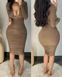 Casual Dresses Plunge Ruched Long Sleeve Bodycon Dress Sexy Party V-neck Elegant For Women