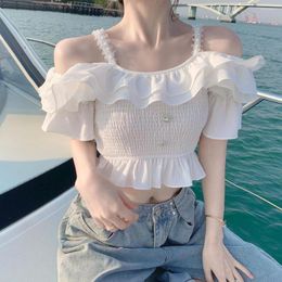 Women's Blouses Temperament Off Shoulder Short Sleeve Shirt Ladies High Waist Pleated Ruffle Crop Top 2023 Summer Suspenders Pearl