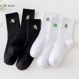 Men's Socks New Embroidery Dinosaur Socks Long Cotton Harajuku White Solid Colour Streetwear Korea Style Funny Soft Fashion Men Women Socks Z0227