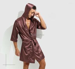 Men's Sleepwear 2023 Men Bathrobe Solid Color Short Sleeve Summer Pajamas Silk Ice Fashion Cardigan Housecoat Q72