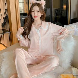 Womens Sleepwear Lisacmvpnel Pyjamas Autumn Ice Silk Thin Long Sleeve Suit Satin Pyjamas 230227