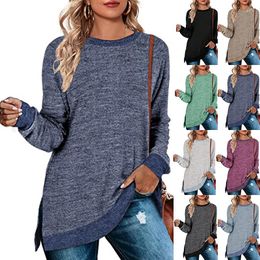 Women's Polos Womens Clothing Autumn And Winter Fashion Round Neck Color-Block Split Top Solid Colour Loose Casual Pullover T-Shirt