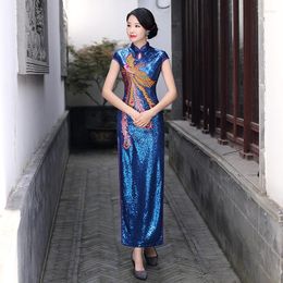 Ethnic Clothing Phoenix Embroidery Sequin Decal Qipao Chinese Wedding Banquet Evening Dress Women Short Sleeve Cheongsam Vestidos Size 5XL