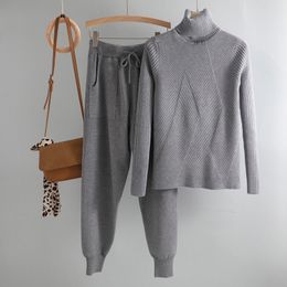 Women's Two Piece Pants turtleneck sweater 2 Pieces Set women chic Knitted Pullover top Sweater pants Jumper Tops trousers sweater suits 230225