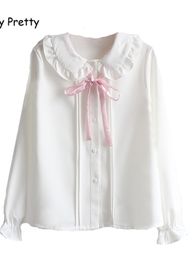 Women's Blouses Shirts Merry Pretty Lolita Style Women White Long Sleeve Peter Pan Collar Pink Bowknot Chiffon Blouse JK School Uniform Top 230227