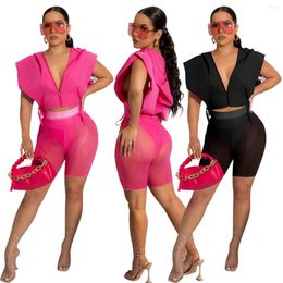 Women's Tracksuits Sexy Two Pieces Set Summer Clothes For Women Sheer Mesh Leggings Shorts And Loose Hooded Zip Crop Top Matching Suit Club