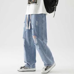 Men's Jeans New Men Baggy Ripped Jeansripped Trousers Hip Hop New Mens Loose Jeans Neutral Pants Solid Colour Women Oversized Straight Jeans Z0225